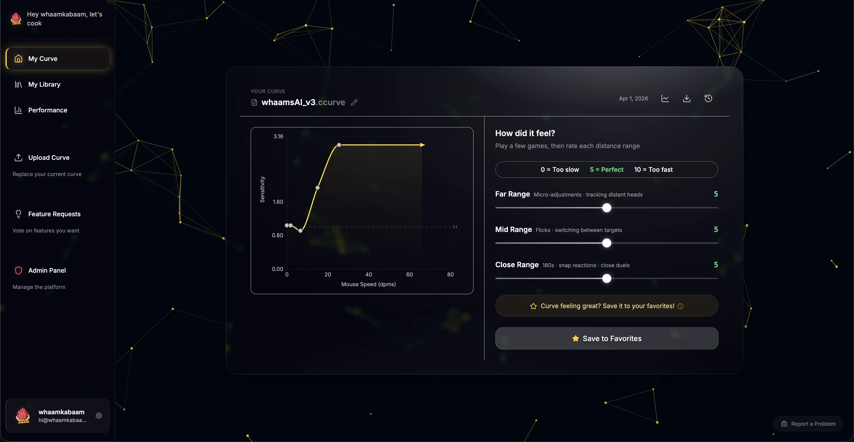 Dashboard preview showing AI curve generation, feedback sliders, and version history